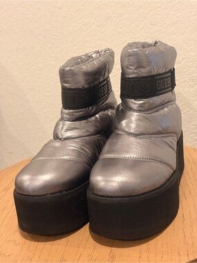 GUESS Metallic Silver Platform Puffer Ankle Boots